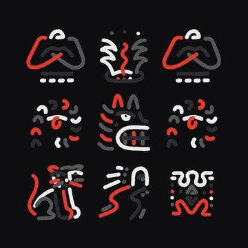 A grid of nine stylized tribal-like symbols or icons in red, white, and grey on a black background, appearing to represent characters or creatures with various features like eyes, limbs, and organic shapes.