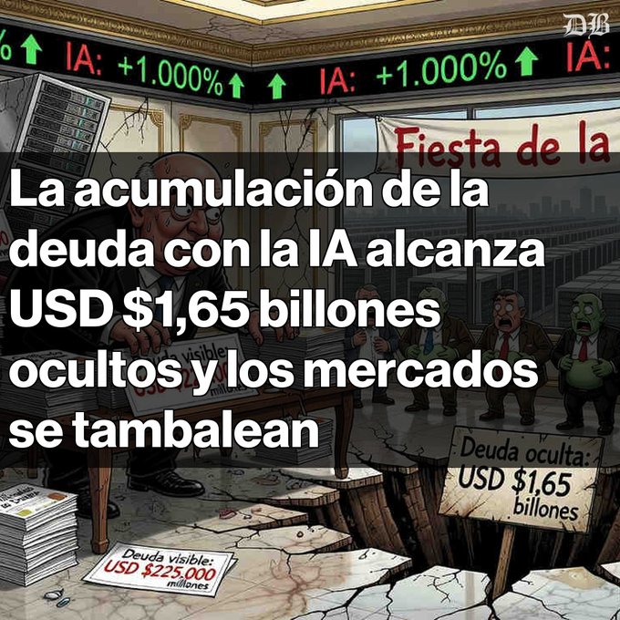Editorial cartoon from 'PH' showing financial figures in a crumbling room with a stock ticker reading 'IA: +1.000%' repeatedly; overlaid text reads 'La acumulación de la deuda con la IA alcanza USD $1,65 billones ocultos y los mercados se tambalean', with signs noting 'Deuda visible: USD $225.000 millones' and 'Deuda oculta: USD $1,65 billones'.