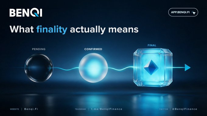 A dark blue banner for 'BENQI' (Benqi.fi) titled 'What finality actually means,' illustrating three stages labeled 'PENDING,' 'CONFIRMED,' and 'FINAL' with corresponding sphere and cube graphics.