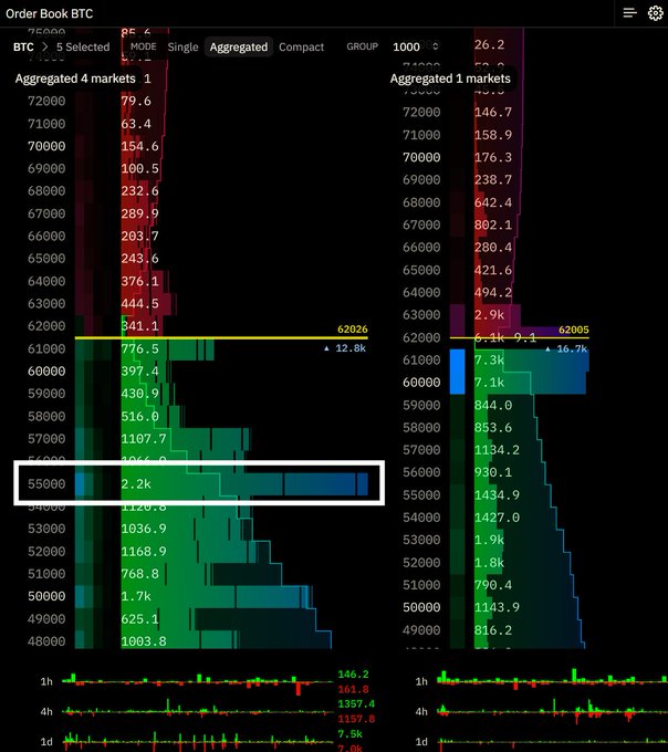 A BTC order book chart showing aggregated bid/ask liquidity across multiple markets, with the largest order (2.2k) highlighted at the $55,000 level, supporting the claim that 55k represents the heaviest concentration in the order book.