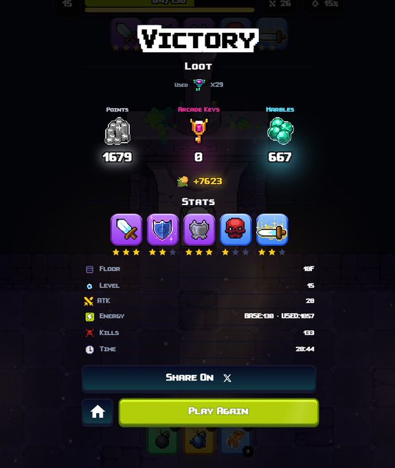 A 'VICTORY' screen from a mobile game showing loot statistics including 'POINTS 1679', 'ARCADE KEYS 8', and 'MARBLES 667', with options to 'SHARE ON X' and 'PLAY AGAIN'.