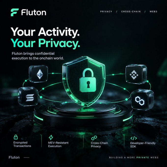 A promotional graphic for 'Fluton' with the tagline 'Your Activity. Your Privacy.', highlighting features like 'Encrypted Transactions' and 'MEV-Resistant Execution' alongside icons for Ethereum, Solana, BNB, and Polkadot.