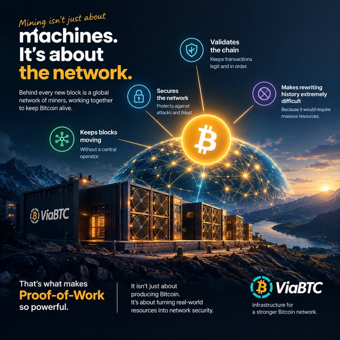 A ViaBTC infographic explaining Bitcoin mining and Proof-of-Work, highlighting that 'Mining isn't just about machines. It's about the network.'
