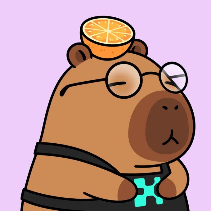 A cartoon illustration of a brown capybara wearing round glasses with an orange slice balanced on its head and holding a small teal object, set against a light purple background.