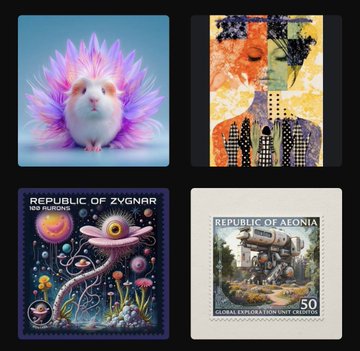 A collection of four surreal artistic images, including a fluffy pink and purple hamster, a 'Republic of Zygnar' space stamp, an abstract face, and a 'Republic of Aeonia' exploration craft stamp.