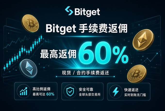 A promotional banner for Bitget in Chinese, advertising up to 60% rebate on trading fees ('Bitget 手续费返佣 最高返佣 60%') with cryptocurrency coins (BTC, ETH) featured in the background.