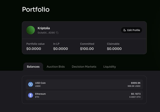 The image shows a portfolio dashboard for a user named "Kriptolia" with wallet address 0xAe64...4D90, displaying a portfolio value of $0.0000, $100.00 committed, $999.90K in USDC, and $0.1873 in ETH (0.0001 ETH)—suggesting a new wallet being set up to participate in the Umia Finance testnet airdrop.