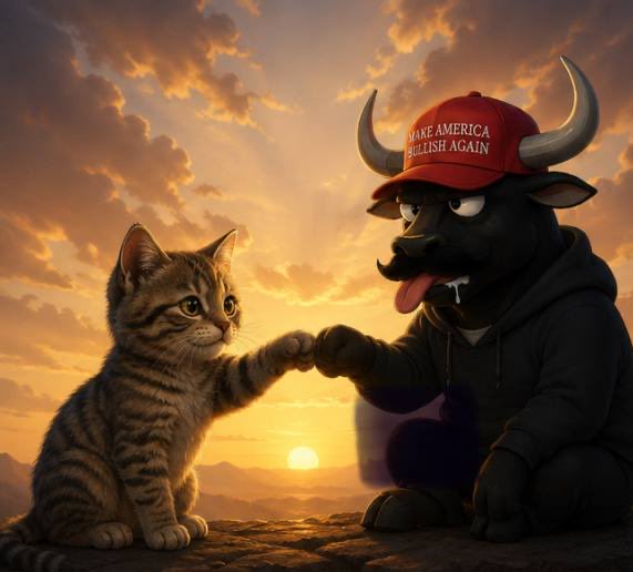 A cute kitten bumps fists with a bullish figure wearing a "Make America Bullish Again" cap against a sunset sky, symbolizing the strong, consistent community momentum—paralleling CATE's viral X Space growth with 1,000+ participants holding for hours daily.