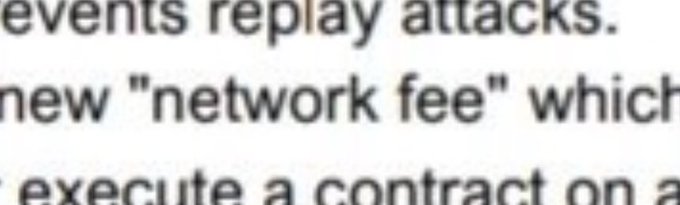 The image shows partial text fragments reading "events replay attacks," "new 'network fee' which," and "execute a contract on a," appearing to be cropped excerpts about cryptocurrency network fees and smart contract execution. It relates to the post about paying with $Link (Chainlink), likely referencing gas fees or network fees associated with executing smart contracts on the blockchain.