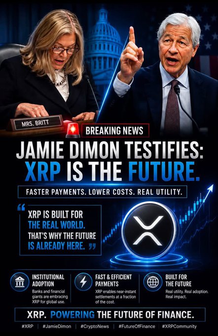 A fake breaking news-style graphic claiming 'JAMIE DIMON TESTIFIES: XRP IS THE FUTURE' with Mrs. Britt and Jamie Dimon shown, and an XRP logo with the tagline 'XRP. POWERING THE FUTURE OF FINANCE.'