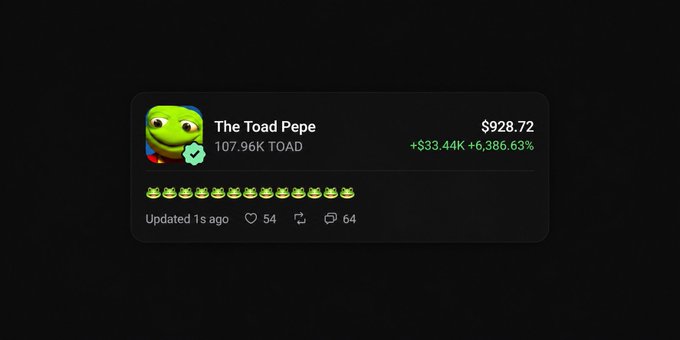 The image displays a crypto token profile card for "The Toad Pepe" (ticker: TOAD), showing a price of $928.72 with a gain of +$33.44K (+6,386.63%) and a supply of 107.96K TOAD, featuring a Pepe frog mascot. This aligns with the post promoting a $TOAD giveaway and pump fun engagement, serving as visual proof of the token's recent performance to attract participants.
