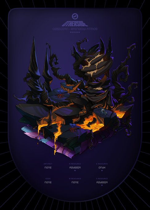 The image showcases a digital art piece titled "Abyssal - Abyssiom Arms" from the Otherside metaverse, depicting a dramatic fantasy landscape with glowing lava, jagged dark rock formations, and twisted horn-like structures. The post highlights this as "Otherdeed Expanded #67537" sold for 0.68 ETH, with the visual's resources of Abyssia (rare, 271 supply) and Onyx (rare, 255 supply) matching the metadata shown at the bottom of the artwork.