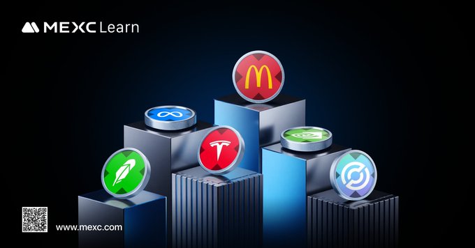 A promotional graphic for 'MEXC Learn' displays several cryptocurrency coin icons including McDonald's 'M', Polkadot, McDonald's again, and others arranged on metallic blocks, with a QR code and 'www.mexc.com' at the bottom.