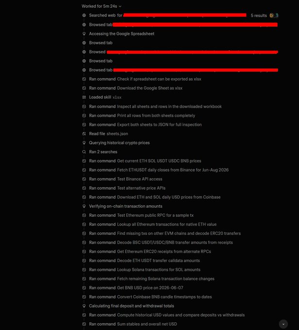 The image shows a detailed AI agent task log spanning 5 minutes and 24 seconds, displaying a sequence of web searches, spreadsheet browsing, and commands executed to inspect, download, and parse Google Sheets data, query historical crypto prices from Binance and Coinbase for ETH, SOL, USDC, USDT, and BNB, and fetch on-chain Ethereum and Solana transactions to decode transfers and candlestick timestamps for calculating net deposits and withdrawals.