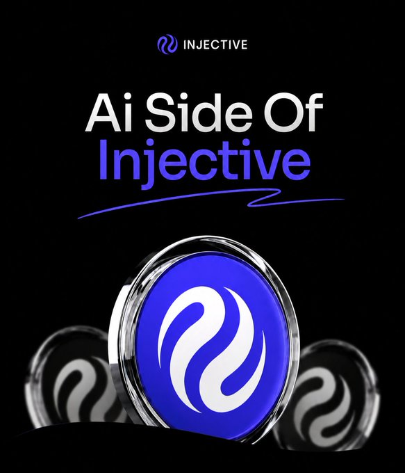 A dark promotional graphic with the text 'Ai Side Of Injective' above three 3D-rendered, glass-like crypto coins bearing the Injective logo.