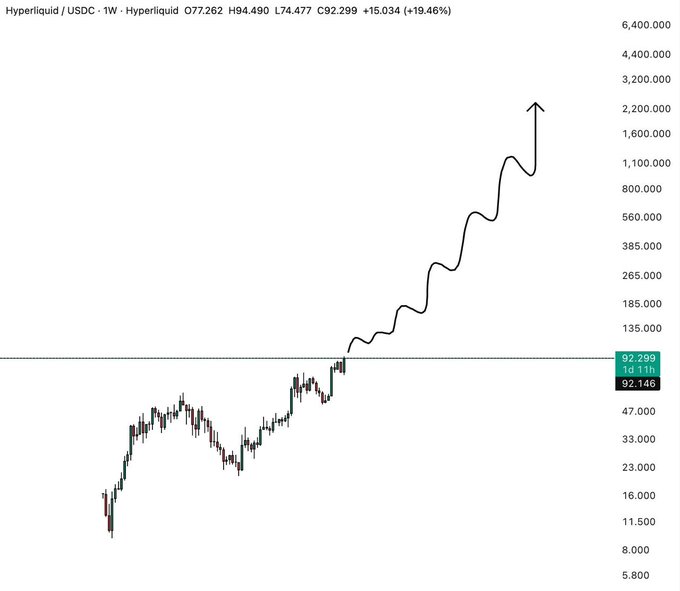 A TradingView chart shows Hyperliquid (HYPE/USDC) on the 1W timeframe, displaying a massive upward price trend to $92.299 with a +19.46% gain, illustrated with a hand-drawn upward arrow.