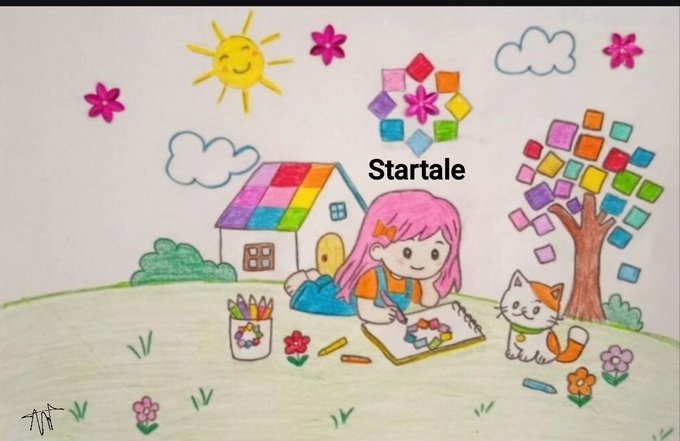 A child's colorful crayon drawing of a girl with pink hair drawing with crayons, alongside a cat, a rainbow-roofed house, and a square-canopy tree, with 'Startale' text overlaid.