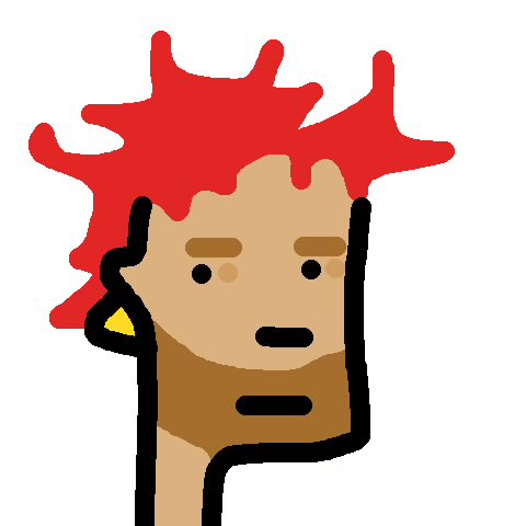 A simple cartoon drawing of a person with spiky red hair, a yellow earring, and a neutral facial expression.