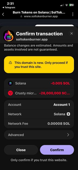 A mobile screenshot of a Telegram wallet "Confirm transaction" prompt on soltokenburner.app, warning that the domain is new, showing a burn of -26,000,000 "Crusty micr..." tokens for -0.005 SOL plus a 0.00008 SOL network fee.