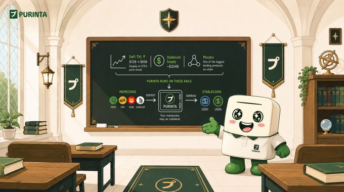Illustrated promotional graphic for 'PURINTA' showing a cute mascot in a classroom setting, standing next to a chalkboard that explains how DeFi TVL and Stablecoins work to create meme coins and stablecoins.