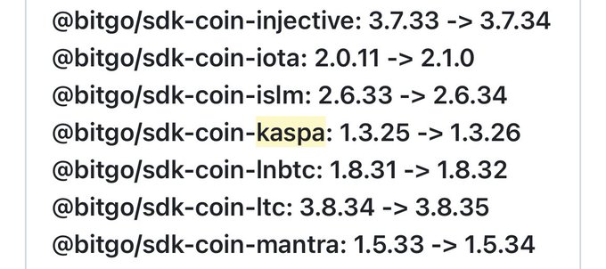 The image shows a list of BitGo SDK version updates, with "@bitgo/sdk-coin-kaspa: 1.3.25 -> 1.3.26" highlighted, indicating the latest version bump to the Kaspa SDK alongside updates for other coin SDKs like injective, iota, islm, lnbbtc, ltc, and mantra. This visually supports the post's claim that BitGo has quietly continued development work on their Kaspa integration, as evidenced by the recent version increment.