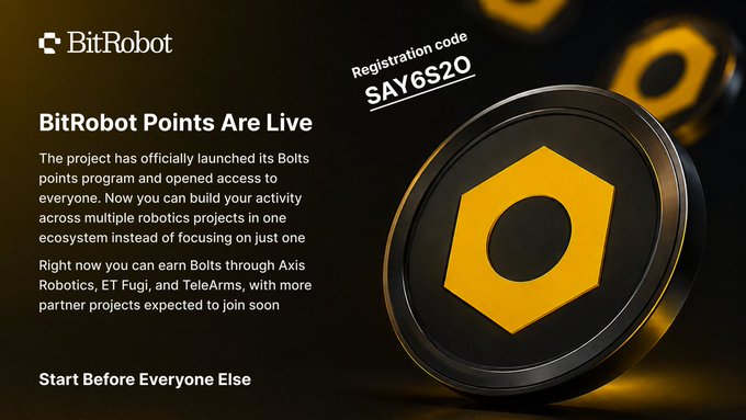 A promotional banner for 'BitRobot' announcing 'BitRobot Points Are Live' with registration code SAY6S20, featuring an orange hexagonal bolt logo and promoting the Bolts points program across robotics projects.