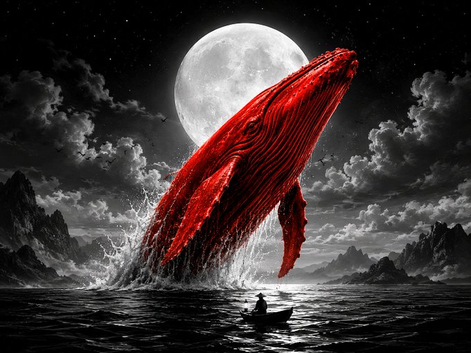 A dramatic black and white scene with a red humpback whale breaching beneath a full moon, while a lone figure watches from a small boat.