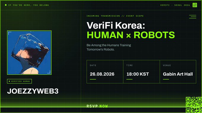 A promotional graphic for "VeriFi Korea: HUMAN × ROBOTS" event at Gabin Art Hall on 26.08.2026 at 18:00 KST, featuring the username "JOEZZYWEB3" alongside a verified human profile image, promoting KGeN's verified human data network initiative in Seoul.