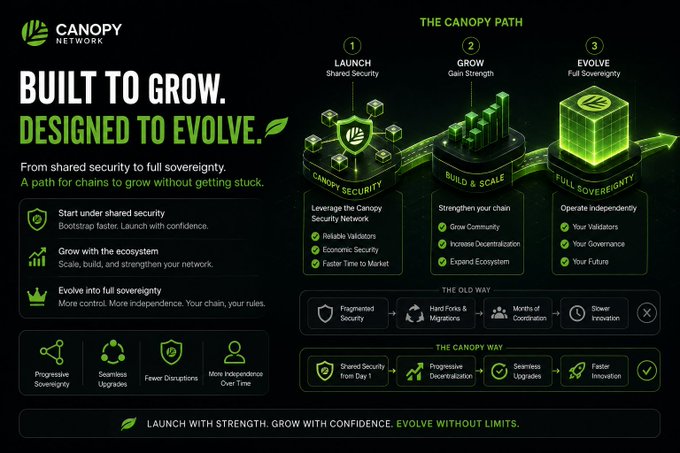 A Canopy Network promotional graphic titled 'BUILT TO GROW. DESIGNED TO EVOLVE.' illustrating 'THE CANOPY PATH' in three stages: Launch (Shared Security), Grow (Gain Strength), and Evolve (Full Sovereignty), comparing 'THE OLD WAY' with 'THE CANOPY WAY'.