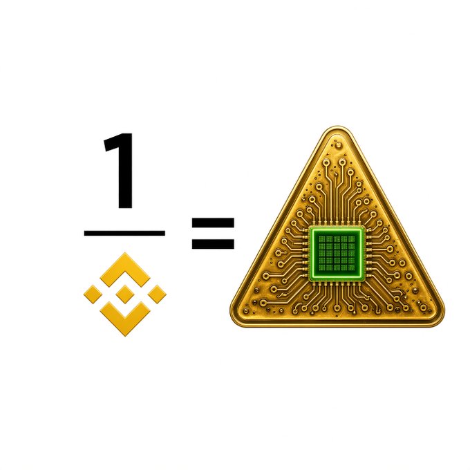 A Binance cryptocurrency logo next to an equation-style graphic showing 1 Binance equals a golden computer chip, symbolizing a token-to-hardware equivalence.