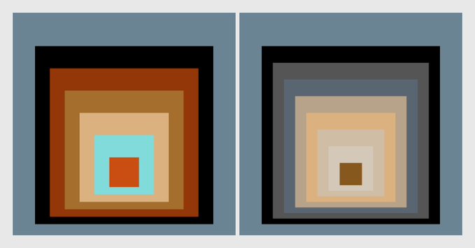 Two side-by-side square compositions feature concentric nested squares; the left uses warm earthy tones (black, brown, tan) with a cyan and orange center, while the right uses cool grays, beige, and peach tones.