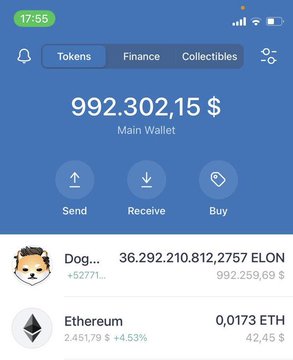 The image shows a crypto wallet app displaying a stunning Dogelon (Dog... ELON) holdings of 36,292,210,812,2757 ELON tokens valued at $992,259.69, alongside a main wallet balance of $992,302.15 and a small Ethereum (ETH) balance. This perfectly illustrates the post's nostalgic memory of the $ELON glitch that pumped 50,000%, turning the original $1,000 investment into a portfolio worth nearly $1 million — though most of the value comes from the massive token count rather than actual profit.
