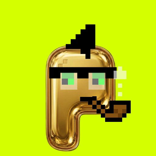 A meme image featuring a gold 3D letter 'P' with a pixel art character wearing sunglasses and smoking a pipe superimposed on it, set against a bright yellow-green background.