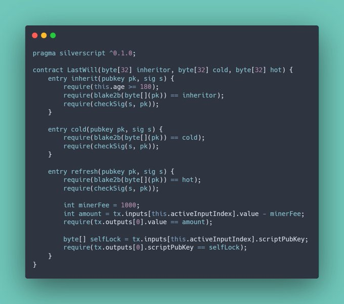 A code snippet displayed in a terminal-style window showing a 'LastWill' smart contract written in 'silverscript ^0.1.0', featuring inherit, cold, and refresh entries.