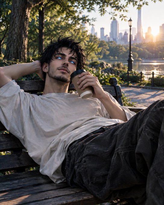 An AI-generated image of a young man with glowing blue eyes lying on a park bench, holding a coffee cup with a city skyline in the background.