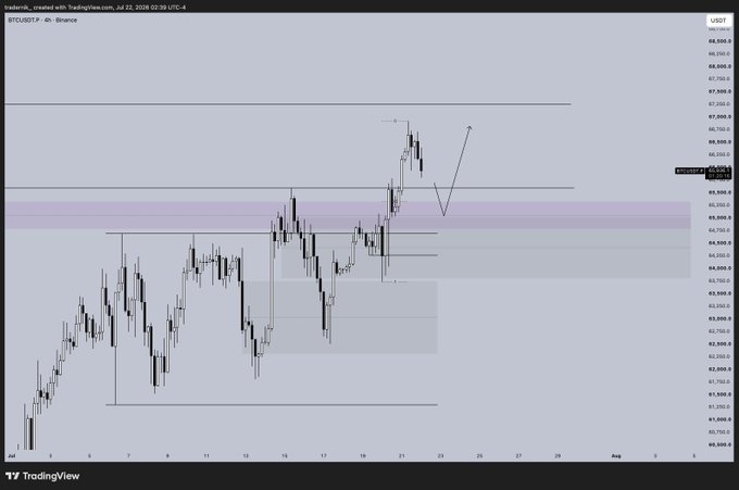A 4-hour BTC/USDT chart on Binance shows Bitcoin's recent price action with marked horizontal levels around $68,500 and $65,200, featuring an arrow indicating a planned pullback into the highlighted discount zone (~$65,000) before seeking long positions.