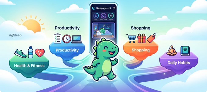 An illustration of a green dinosaur mascot promoting the 'Sleepagotchi' app, surrounded by floating islands labeled 'Health & Fitness,' 'Productivity,' 'Shopping,' and 'Daily Habits.'