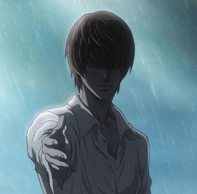 An anime-style illustration of a young man in a white shirt extending his hand forward while standing in the rain with his eyes shadowed.