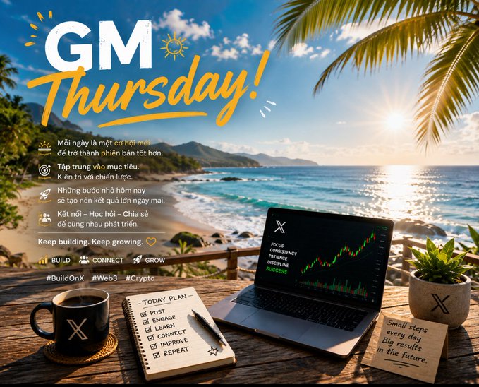A motivational 'GM Thursday!' graphic featuring a tropical beach, a laptop showing stock charts, a coffee mug with the X logo, and a notepad with a 'TODAY PLAN' checklist. Vietnamese text encourages seizing the new day.