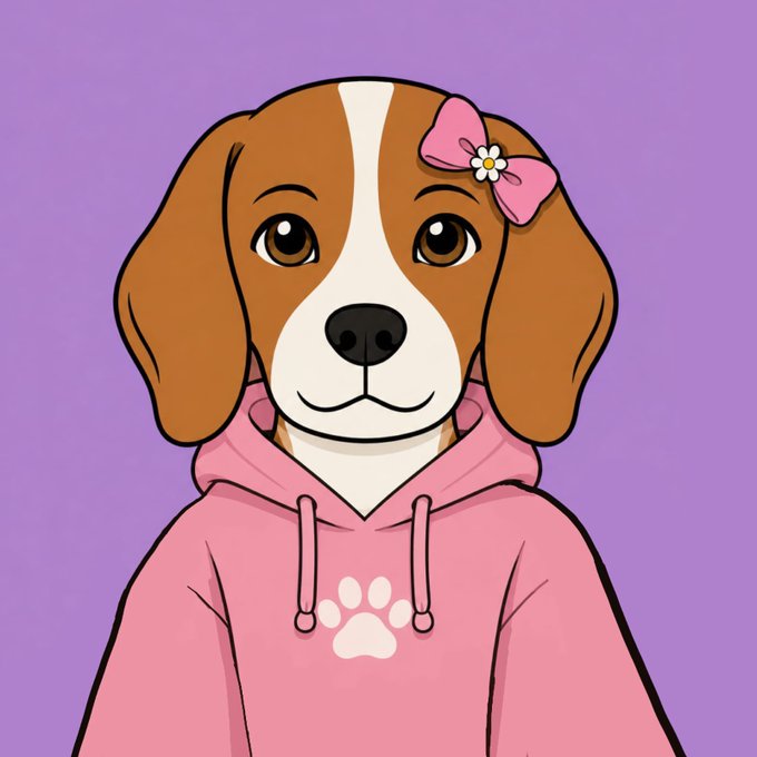 A cartoon illustration of a brown and white beagle dog with a pink bow featuring a white daisy, wearing a pink hoodie with a white paw print on it, set against a purple background.