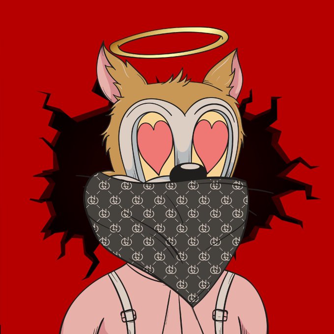 The image features an anthropomorphized cartoon dog wearing a bandana, sunglasses, and a black mask with red hearts. The dog appears to be holding a sign that says "Gm to the collectors!". The background of the image is red, which complements the overall theme of the post. The text on the post encourages people to become "thugs" and build something together, emphasizing collaboration and creativity in their pursuits.
