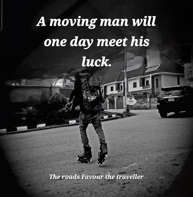 A black-and-white photo of a person roller-skating down a street with the text "A moving man will one day meet his luck" at the top and "The roads Favour the traveller" at the bottom. The image reflects the Friday post's theme of continued momentum and forward movement, aligning with BeldexCoin's message of perseverance and progress on the road.