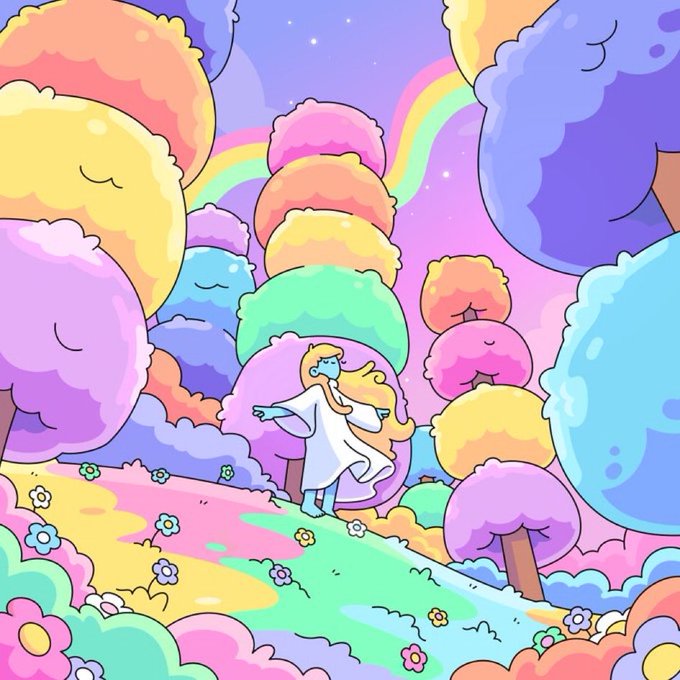 A colorful cartoon illustration depicting a figure in white robes walking through a whimsical pastel landscape filled with rainbow-colored trees, fluffy clouds, flowers, and a rainbow arching across the sky.