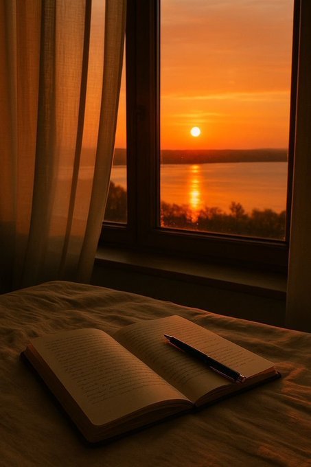 An open journal with a pen resting on its pages sits on a bed, bathed in the warm, orange glow of a sunset over a body of water visible through a window with sheer curtains.