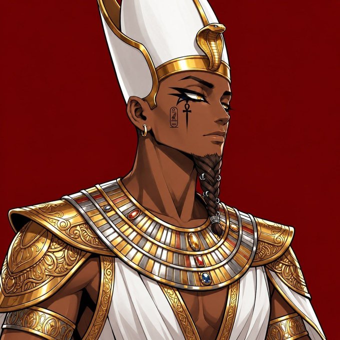 A regal Egyptian pharaoh adorned with a golden crown, cobra emblem, hieroglyphic facial markings, and ornate beaded collar stands against a deep crimson background, embodying the commanding presence of "The first Pharaoh" referenced in the post.