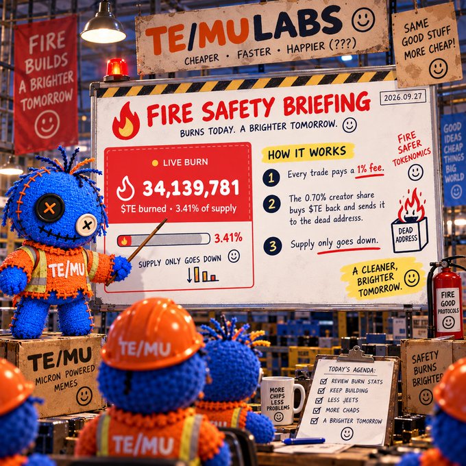 A promotional image for TE/MU LABS featuring blue crocheted characters in hard hats around a whiteboard titled 'FIRE SAFETY BRIEFING' dated 2026.09.27, explaining a tokenomics model.