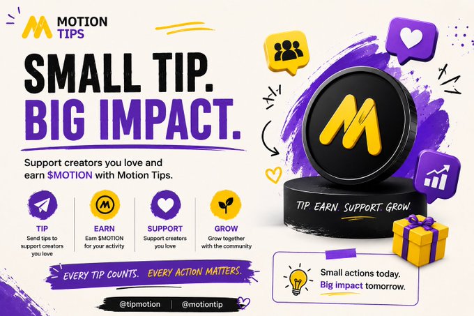 A light-themed version of the 'MOTION TIPS' promotional graphic, also featuring the headline 'SMALL TIP. BIG IMPACT.' with a 3D coin, floating icons, and the tagline 'Small actions today. Big impact tomorrow.'