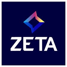 A dark blue logo featuring a colorful geometric symbol above the white text 'ZETA'.