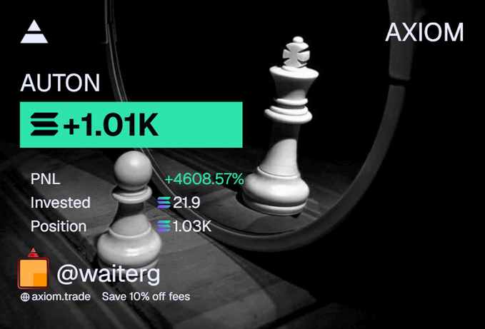 A promotional card from AXIOM trade showcases trader @waiterg's performance on the AUTON token, displaying a +1.01K gain with an impressive +4608.57% PNL on a 21.9 SOL investment and 1.03K position. The "will moonbag the rest" caption suggests the trader is holding the remaining position in hopes of further gains, aligning with the triumphant chess king imagery symbolizing strategic victory.