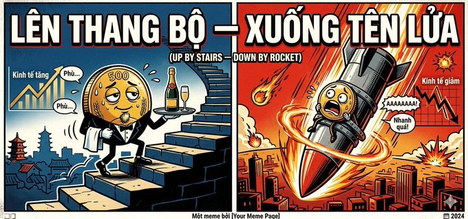A Vietnamese meme illustration titled 'LÊN THANG BỘ — XUỐNG TÊN LỬA' (Up by Stairs - Down by Rocket), contrasting economic growth with a champagne-servant coin climbing stairs versus an economic crash with the coin riding a flaming rocket downward.
